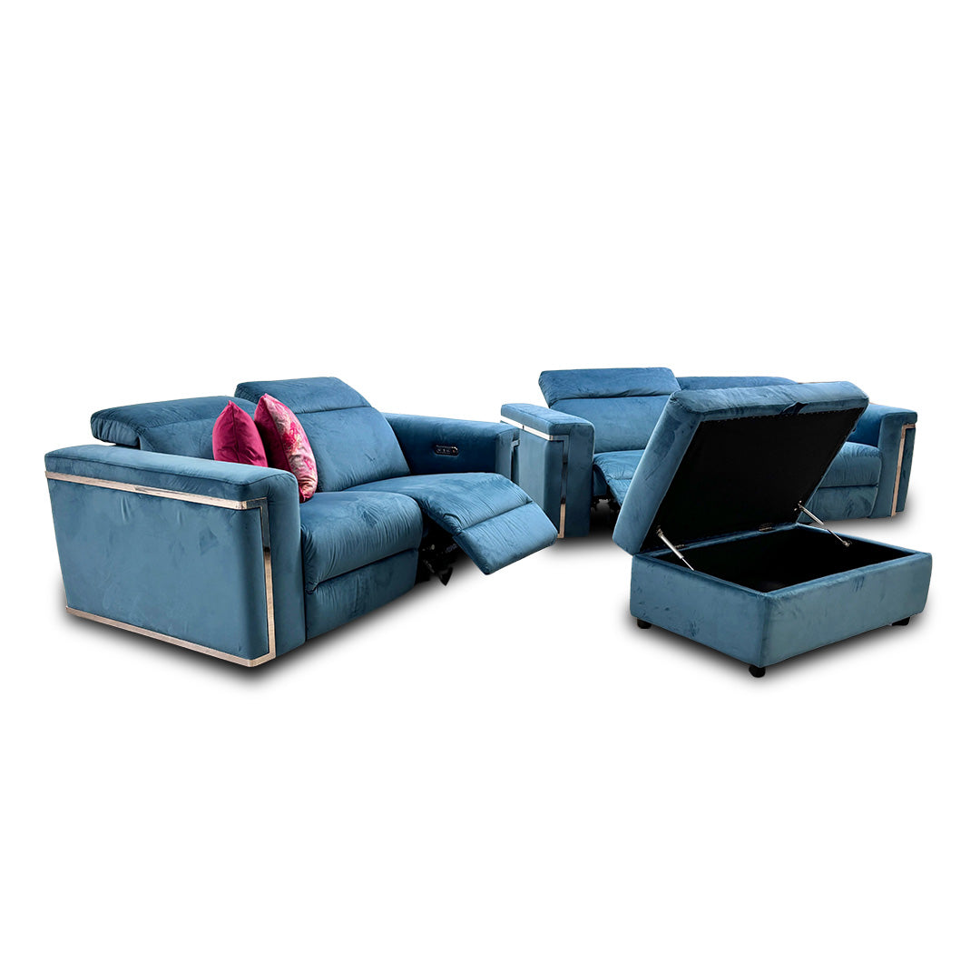 'Cora' Teal Velvet 3 + 2 Seater Power Recliner Sofas with Power Headrests + Storage Footstool