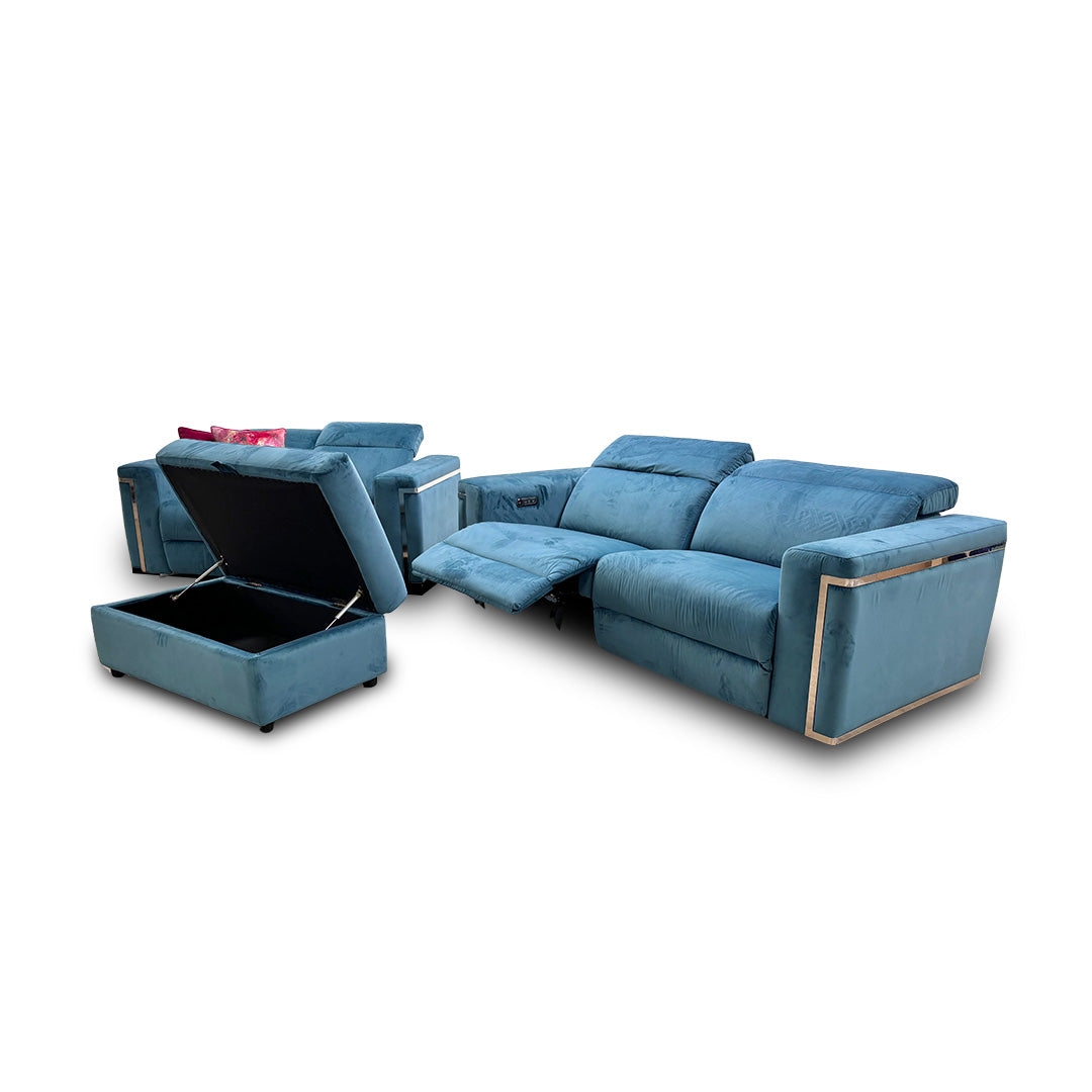 'Cora' Teal Velvet 3 + 2 Seater Power Recliner Sofas with Power Headrests + Storage Footstool