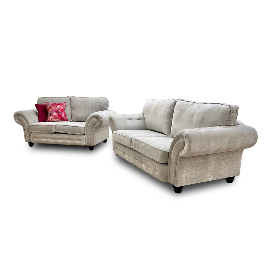 ‘Crompton’ Silver Chenille Fabric Chesterfield 3 + 2 Seater Sofa Set