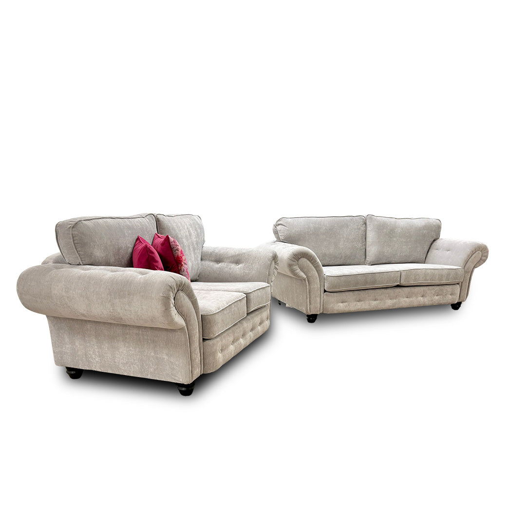 ‘Crompton’ Silver Chenille Fabric Chesterfield 3 + 2 Seater Sofa Set