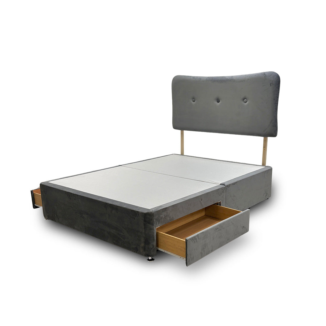 ‘Johnson’ Grey Velvet Divan 2 Draw Bed Base + Headboard - King