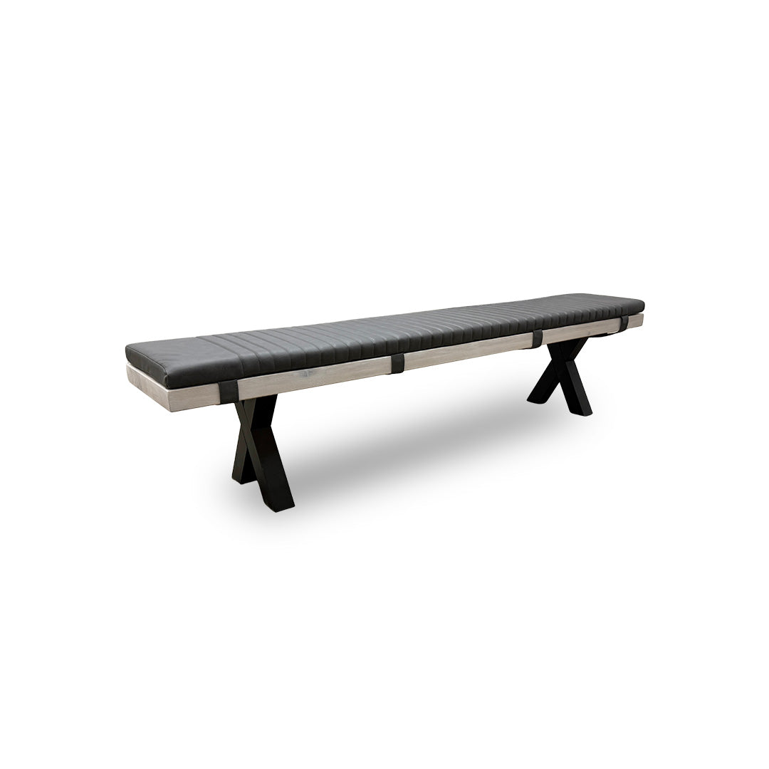 Bodahl 'Terra' 03 White Washed Solid Oak 220cm Dining Bench with Metal X-Shaped Legs + Grey Bench Pad