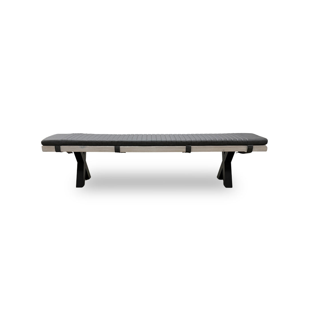 Bodahl 'Terra' 03 White Washed Solid Oak 220cm Dining Bench with Metal X-Shaped Legs + Grey Bench Pad