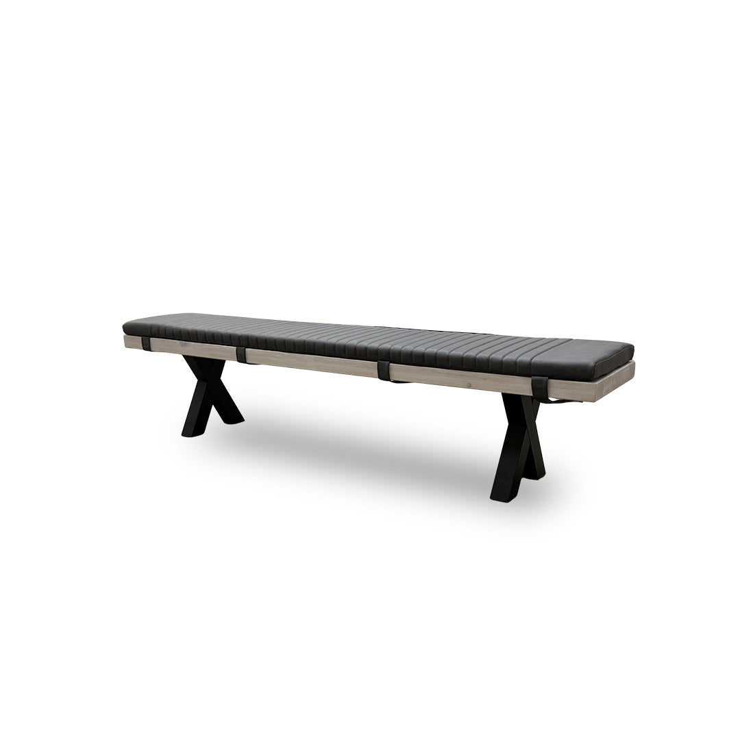 Bodahl 'Terra' 03 White Washed Solid Oak 220cm Dining Bench with Metal X-Shaped Legs + Grey Bench Pad