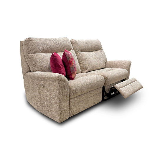 Parker Knoll 'Hudson 23' Ida Autumn Large 2 Seater Fabric Power Recliner Sofa, angled view shown with footrest extended on a white background