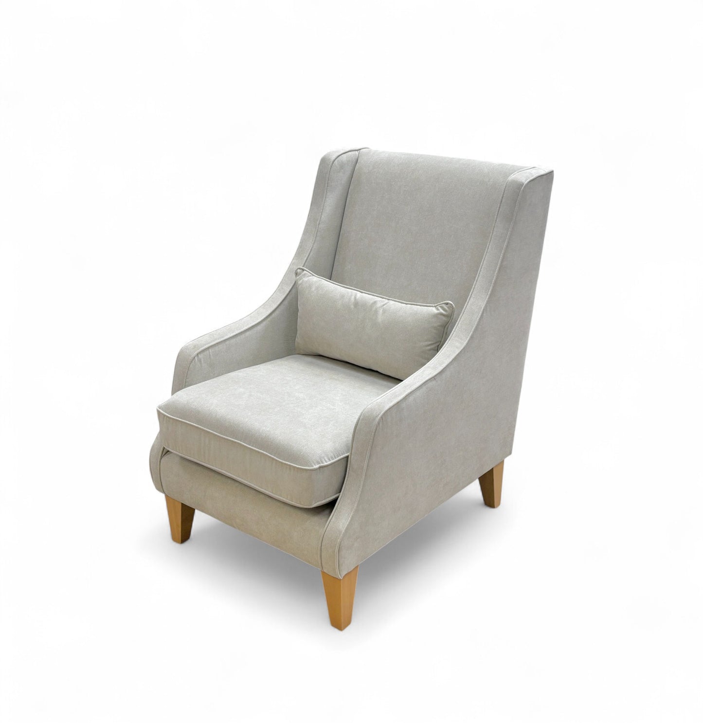 Gray armchair with wooden legs on a white background