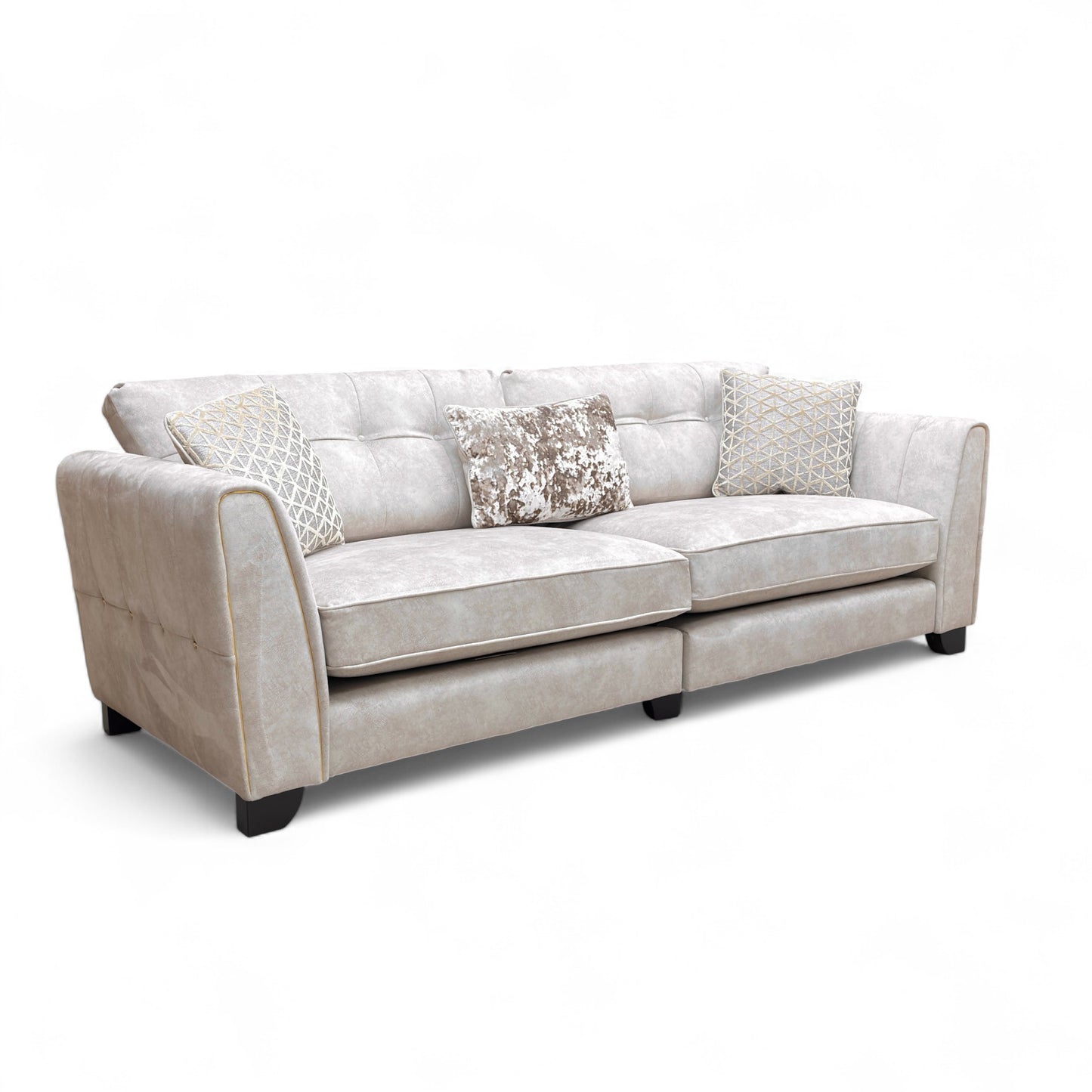 ‘Mariah’ Dapple Cream-Tri Brass Insert Velvet Classic Back 4 Seater Split Frame Sofa