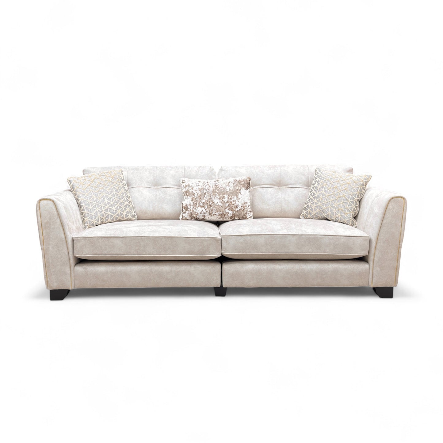 ‘Mariah’ Dapple Cream-Tri Brass Insert Velvet Classic Back 4 Seater Split Frame Sofa