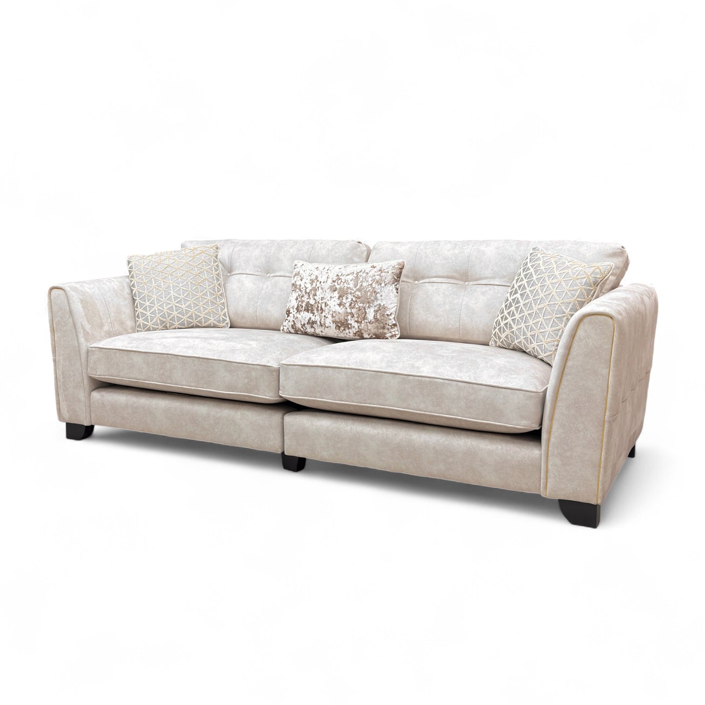 ‘Mariah’ Dapple Cream-Tri Brass Insert Velvet Classic Back 4 Seater Split Frame Sofa
