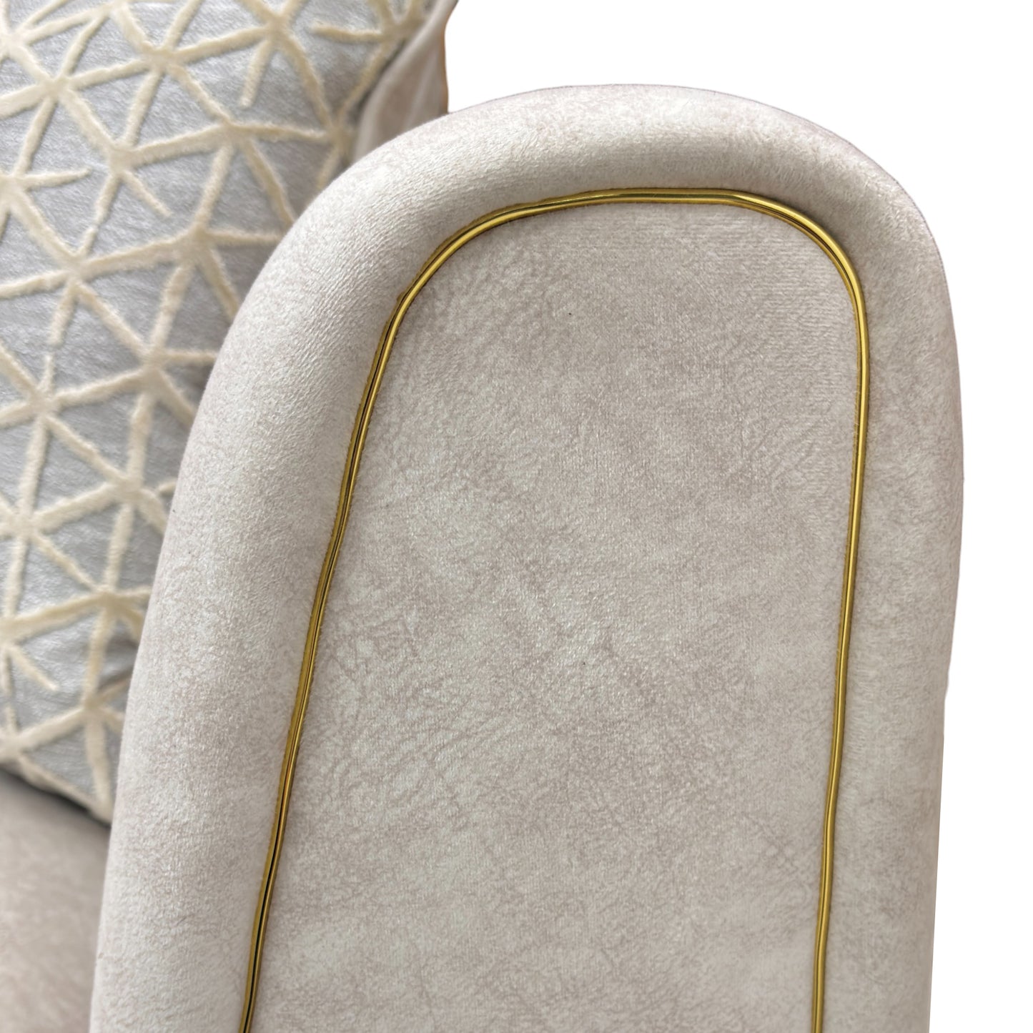 ‘Mariah’ Dapple Cream-Tri Brass Insert Velvet Classic Back 4 Seater Split Frame Sofa