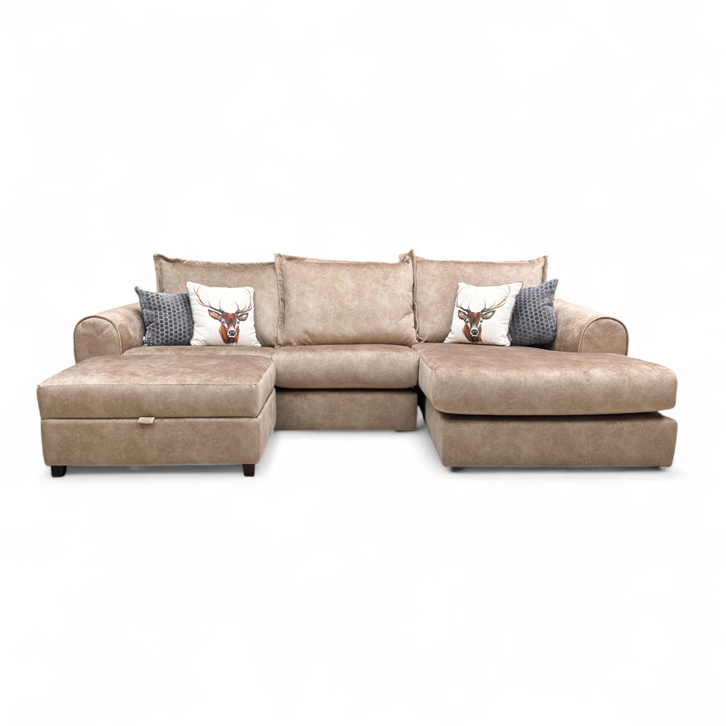 'Serenis' Caramel Rest Velvet Right Hand Facing 3 Seater Chaise Sofa + Large Storage Footstool