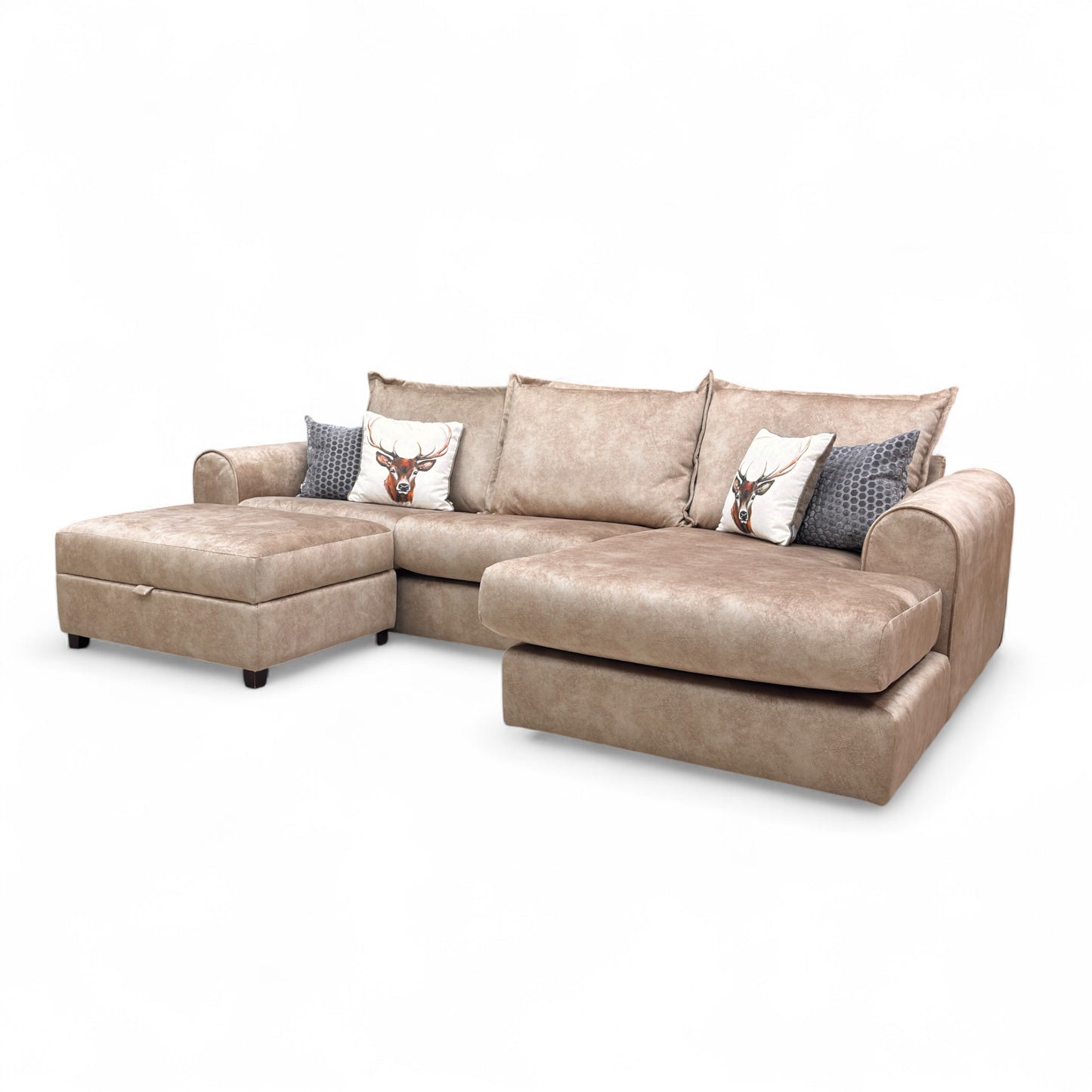 'Serenis' Caramel Rest Velvet Right Hand Facing 3 Seater Chaise Sofa + Large Storage Footstool