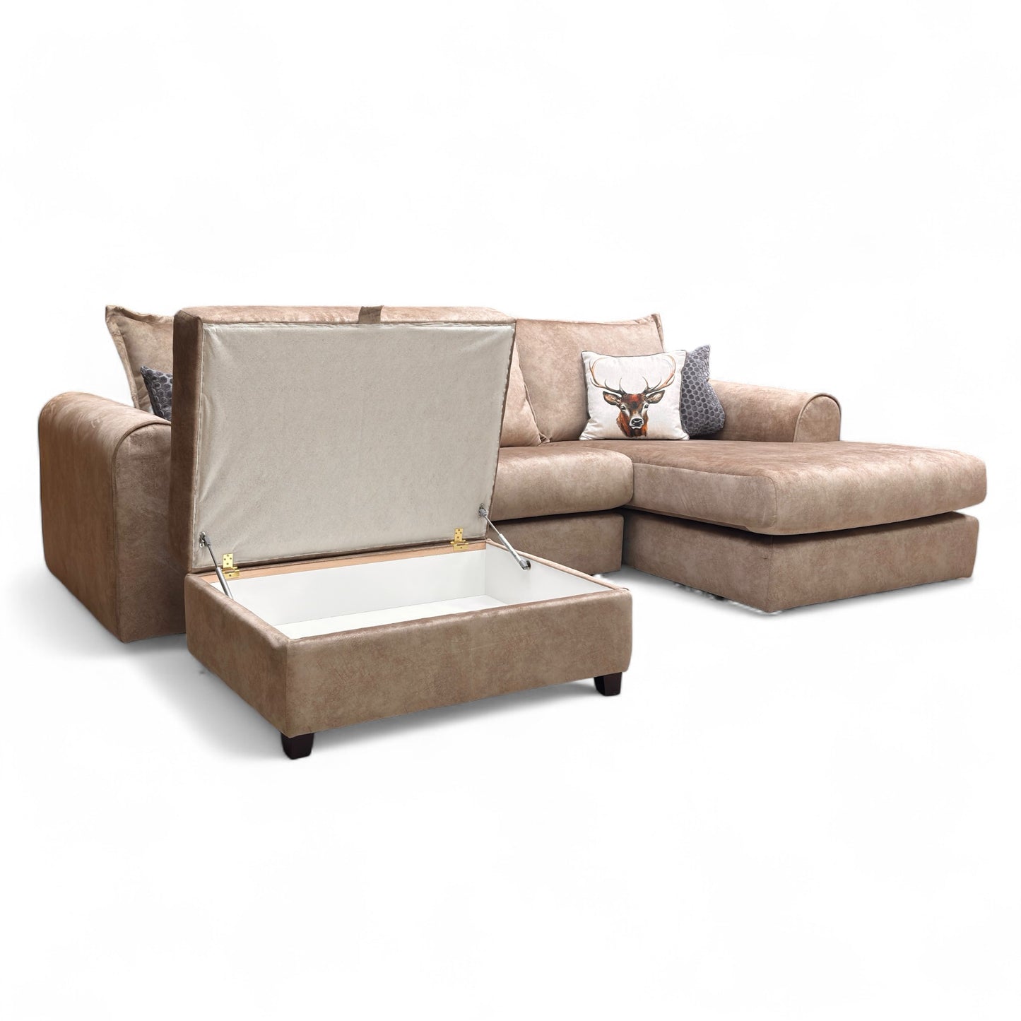 'Serenis' Caramel Rest Velvet Right Hand Facing 3 Seater Chaise Sofa + Large Storage Footstool