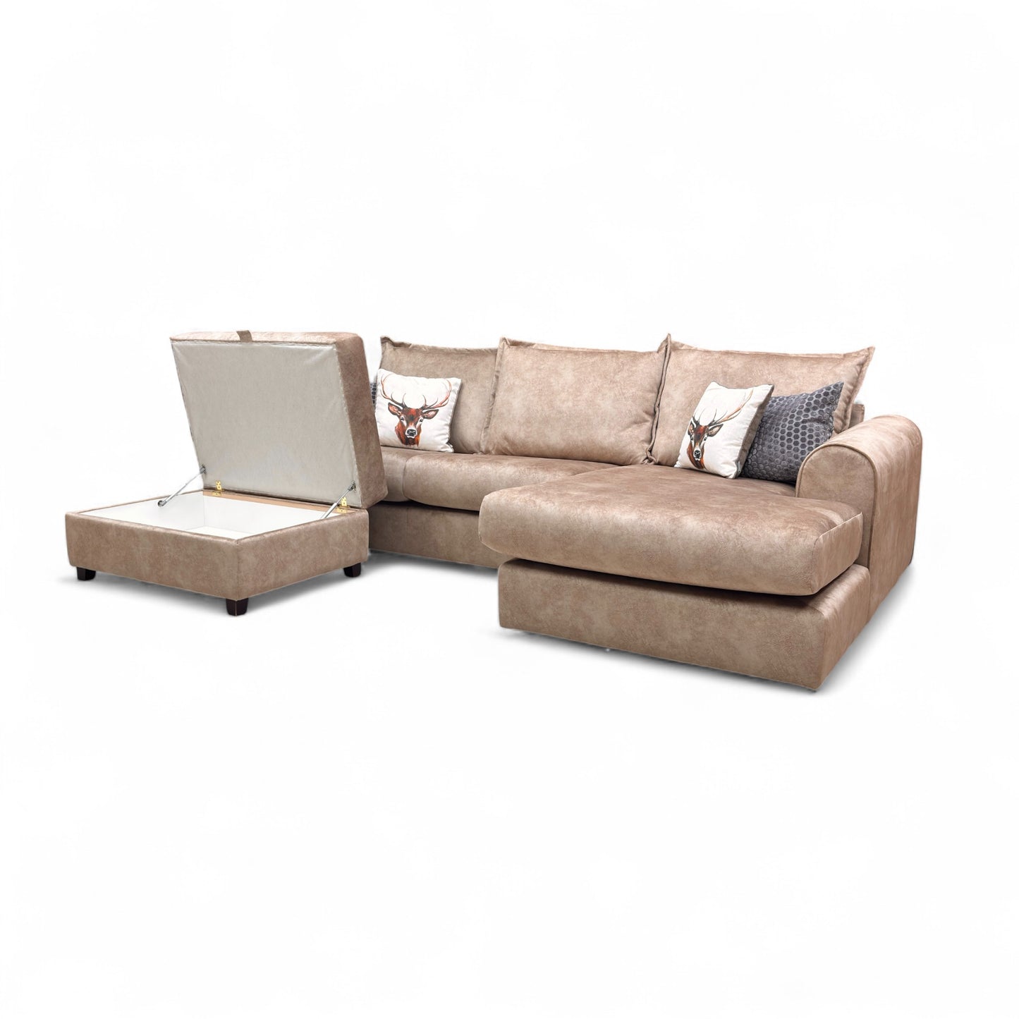 'Serenis' Caramel Rest Velvet Right Hand Facing 3 Seater Chaise Sofa + Large Storage Footstool