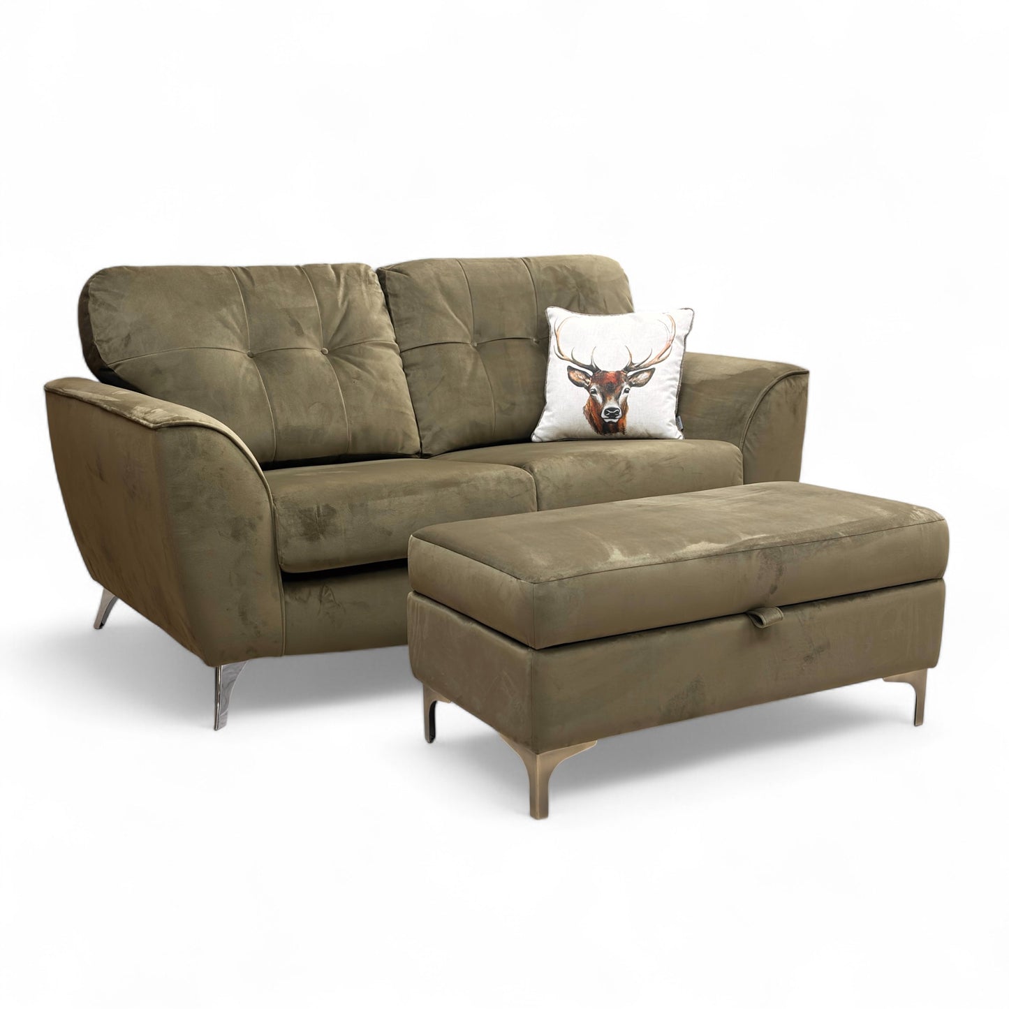 ‘Dawson’ Khaki Dawson Velvet 2 Seater Sofa + ‘Ava’ Khaki Ava Velvet Storage Footstool