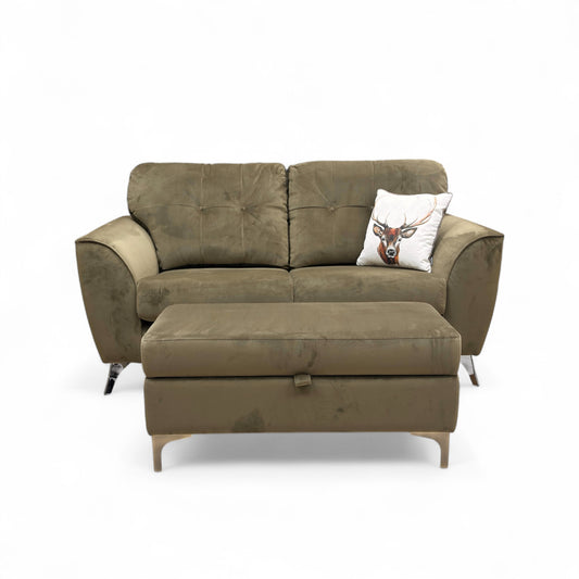‘Dawson’ Khaki Dawson Velvet 2 Seater Sofa + ‘Ava’ Khaki Ava Velvet Storage Footstool