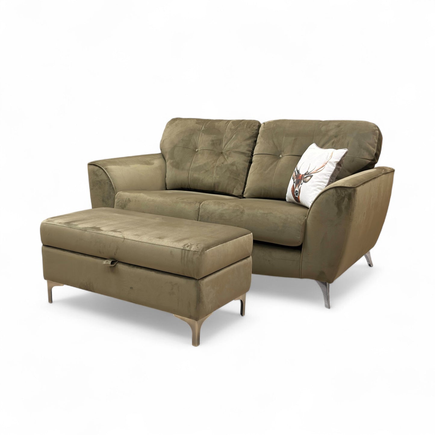 ‘Dawson’ Khaki Dawson Velvet 2 Seater Sofa + ‘Ava’ Khaki Ava Velvet Storage Footstool