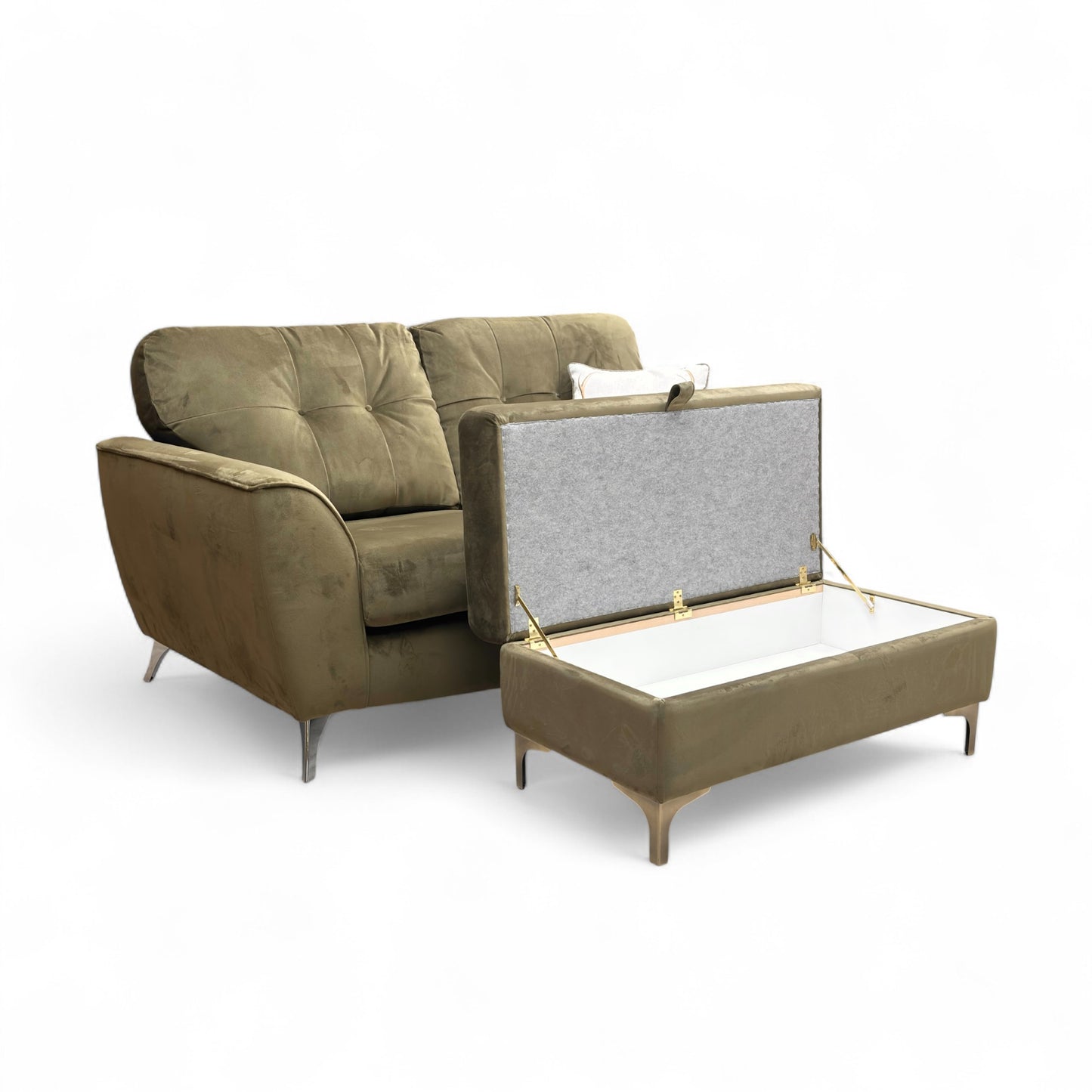 ‘Dawson’ Khaki Dawson Velvet 2 Seater Sofa + ‘Ava’ Khaki Ava Velvet Storage Footstool