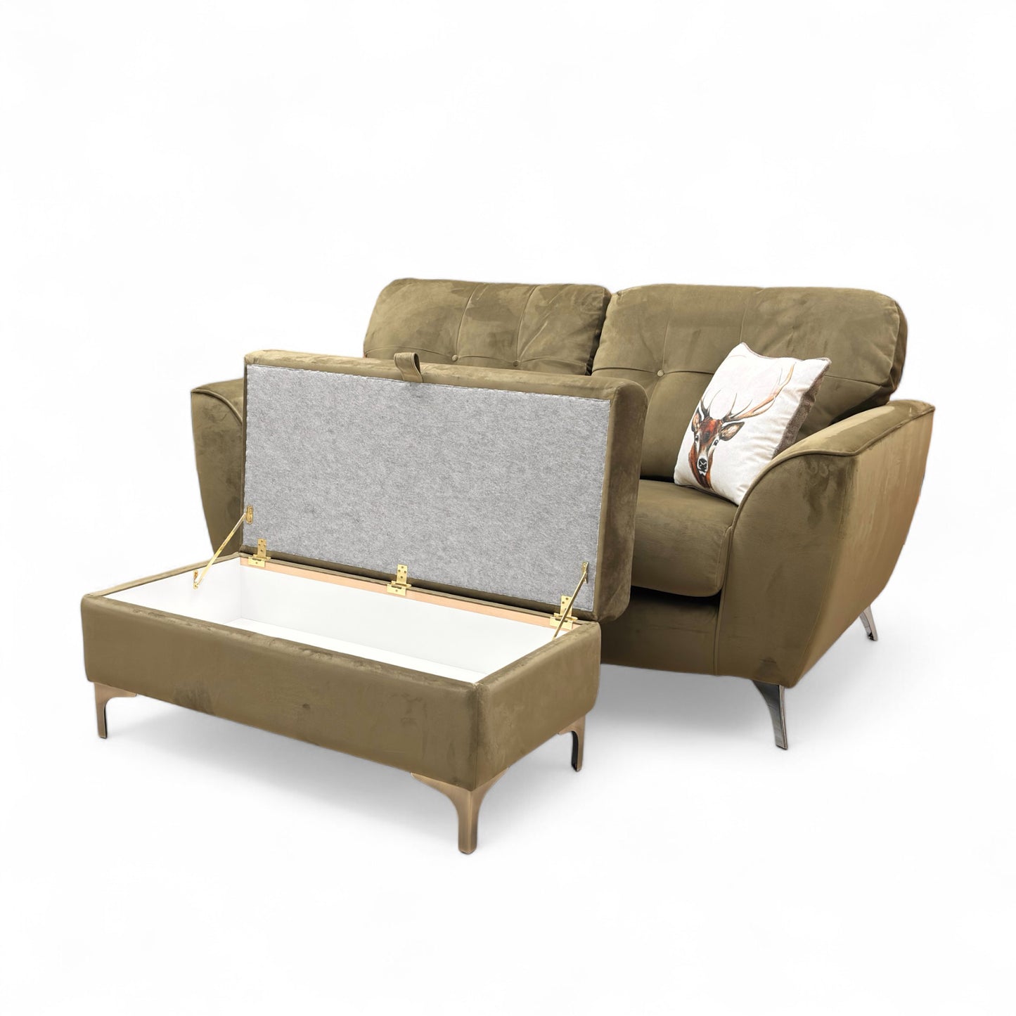 ‘Dawson’ Khaki Dawson Velvet 2 Seater Sofa + ‘Ava’ Khaki Ava Velvet Storage Footstool