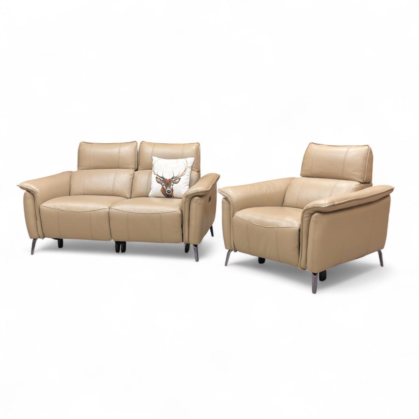 ‘Jude’ Montana Barley Cat-60:06 Leather 2 Seater Power Recliner Sofa with Telescopic Headrest + Power Armchair with Telescopic Headrest