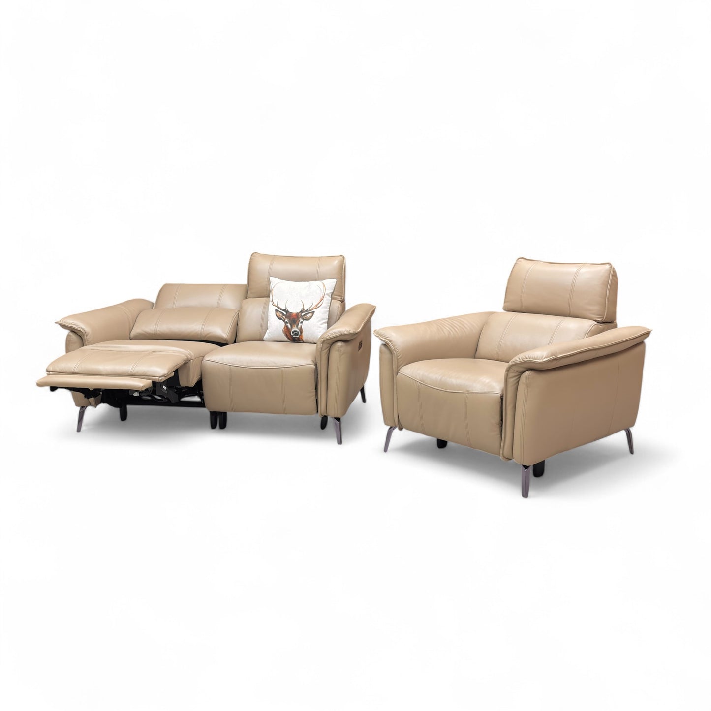 ‘Jude’ Montana Barley Cat-60:06 Leather 2 Seater Power Recliner Sofa with Telescopic Headrest + Power Armchair with Telescopic Headrest