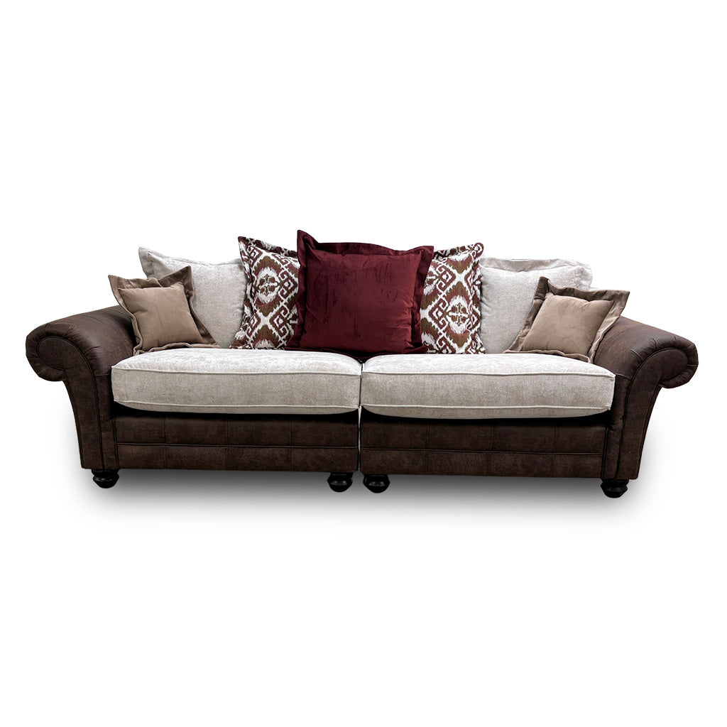 ‘Asia’ Aphrodite Beige Leather + Fabric Combination Scatter Back 4 Seater Split Sofa