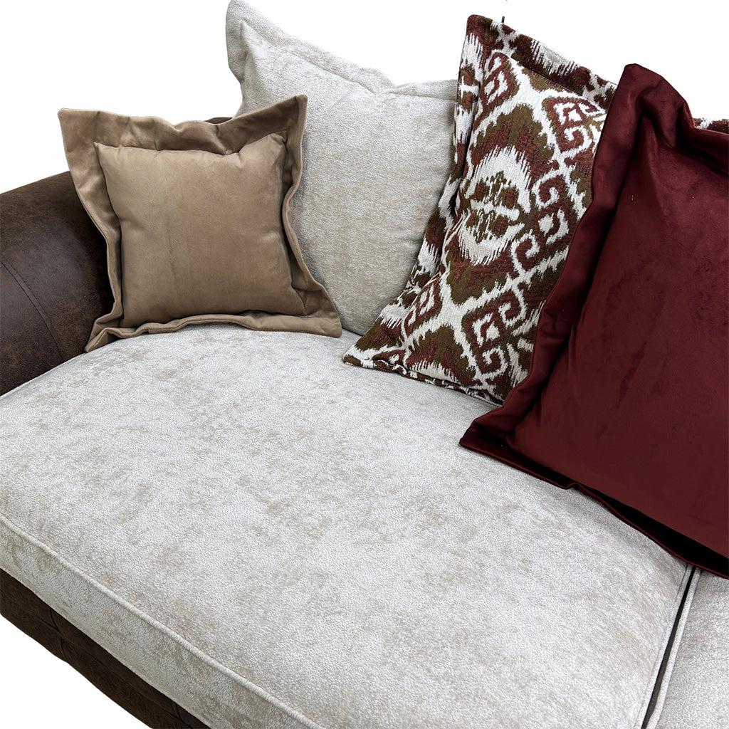 ‘Asia’ Aphrodite Beige Leather + Fabric Combination Scatter Back 4 Seater Split Sofa