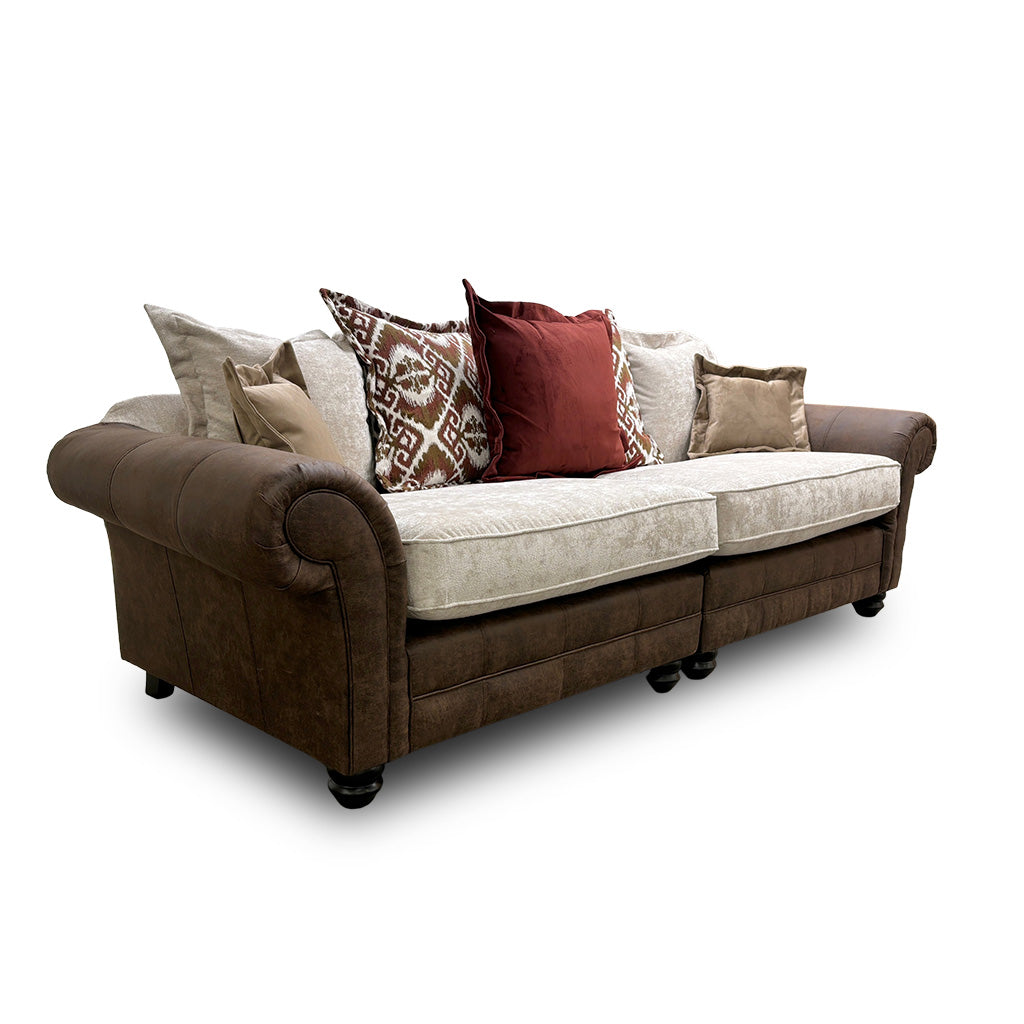 ‘Asia’ Aphrodite Beige Leather + Fabric Combination Scatter Back 4 Seater Split Sofa