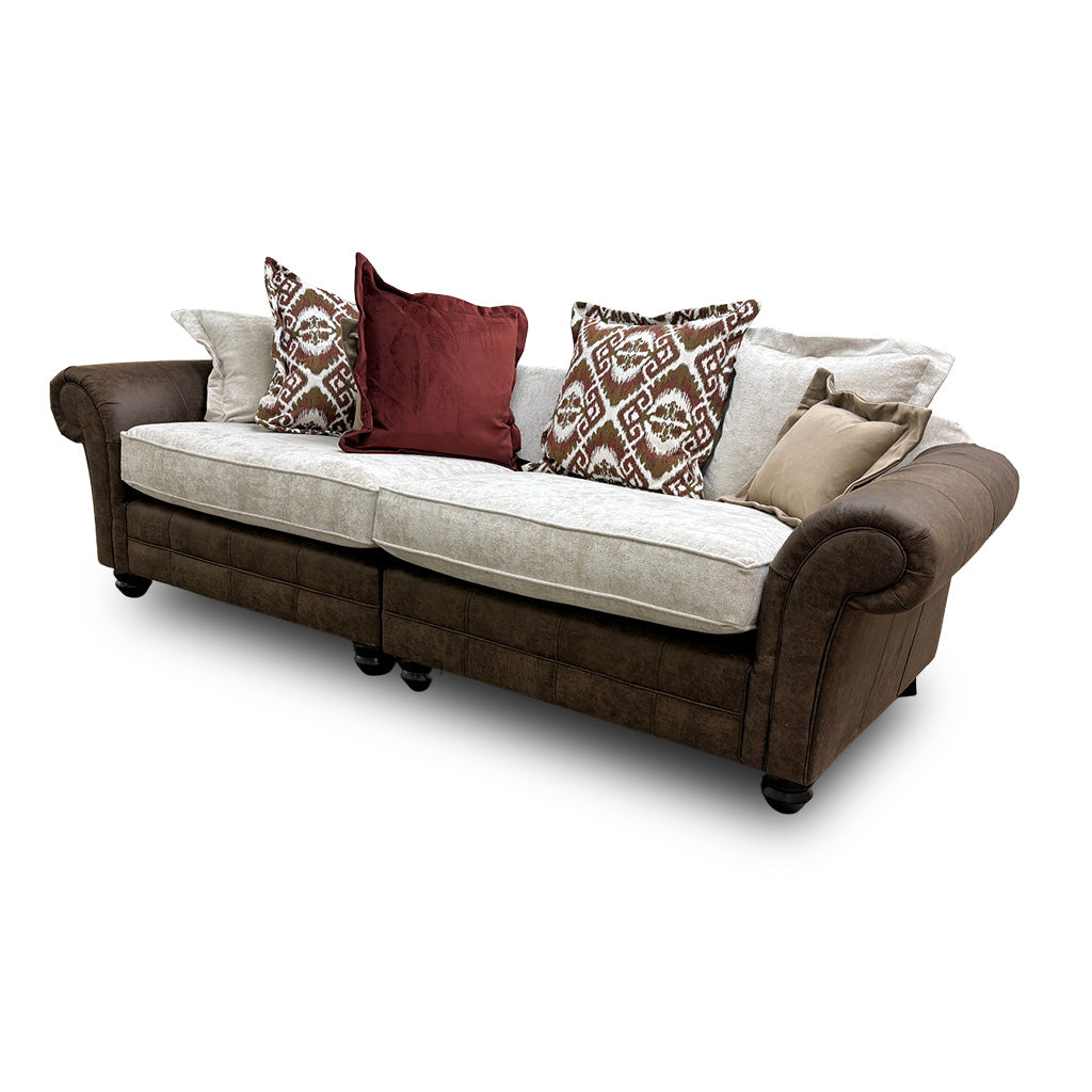 ‘Asia’ Aphrodite Beige Leather + Fabric Combination Scatter Back 4 Seater Split Sofa