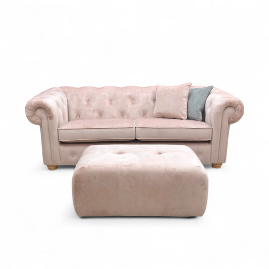 ‘Belair’ Blush Pink Sensual Velvet 3 Seater Sofa + Small Button Top Footstool