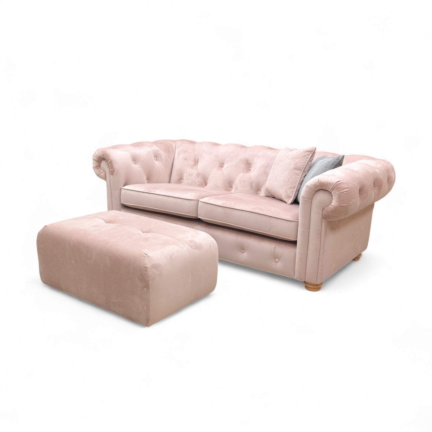 ‘Belair’ Blush Pink Sensual Velvet 3 Seater Sofa + Small Button Top Footstool