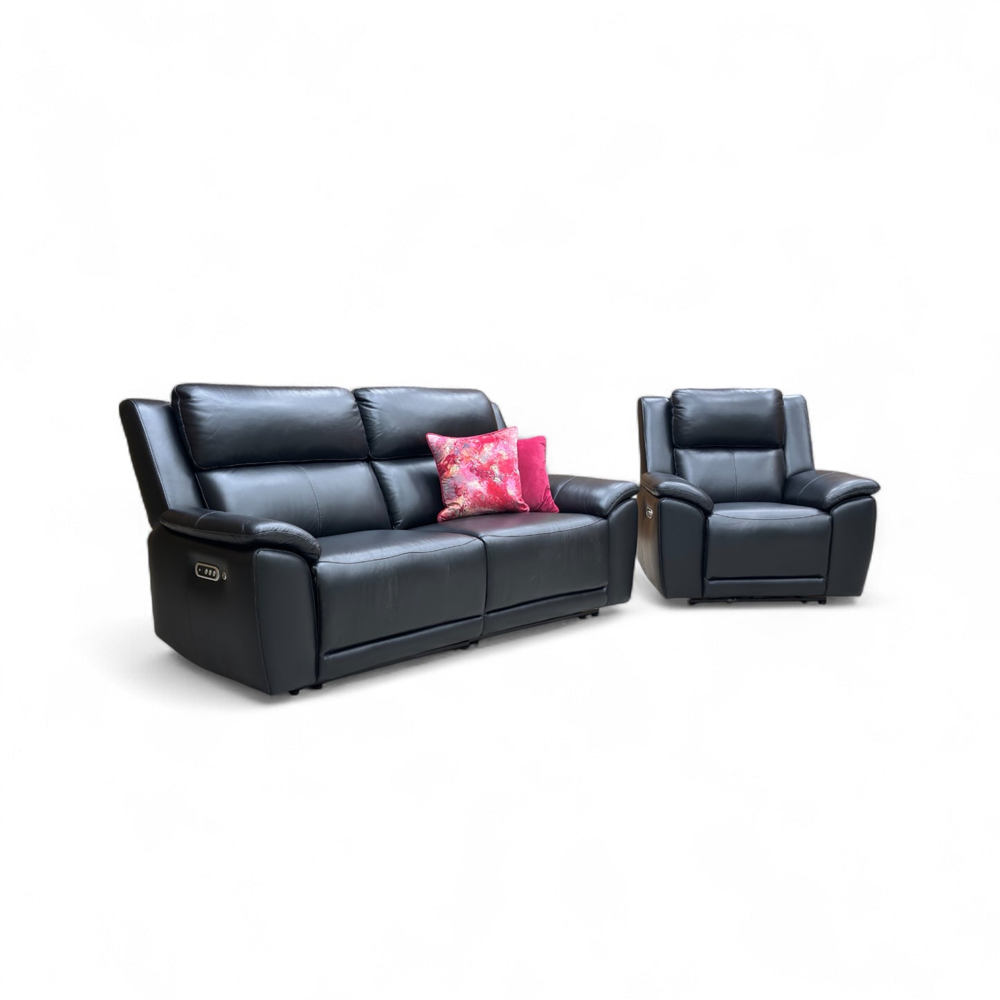 ‘Utah’ Natural Black Mica La4820 Leather 3 Seater Power Recliner Sofa with Power Headrests, Power Lumbar and Heated Seats + Power Recliner Armchair