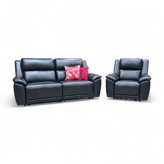 ‘Utah’ Natural Black Mica La4820 Leather 3 Seater Power Recliner Sofa with Power Headrests, Power Lumbar and Heated Seats + Power Recliner Armchair