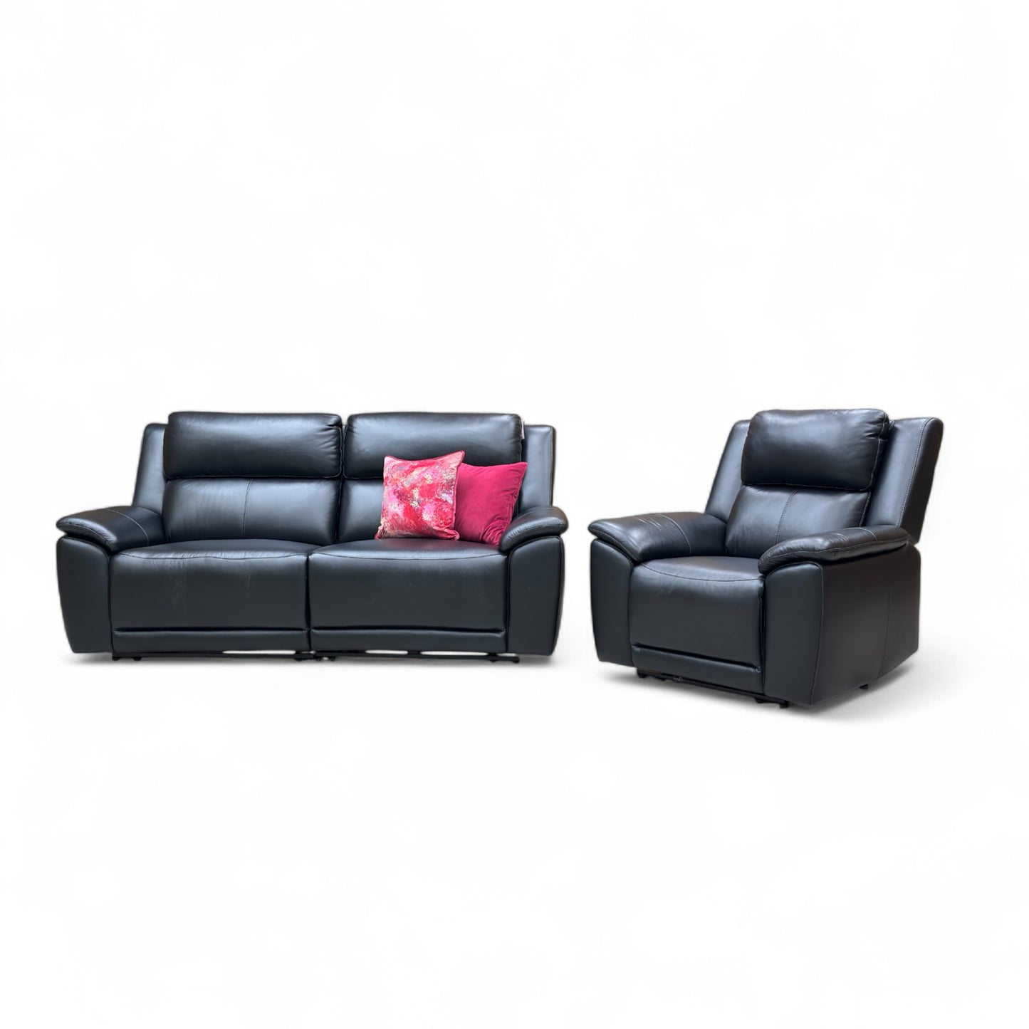 ‘Utah’ Natural Black Mica La4820 Leather 3 Seater Power Recliner Sofa with Power Headrests, Power Lumbar and Heated Seats + Power Recliner Armchair