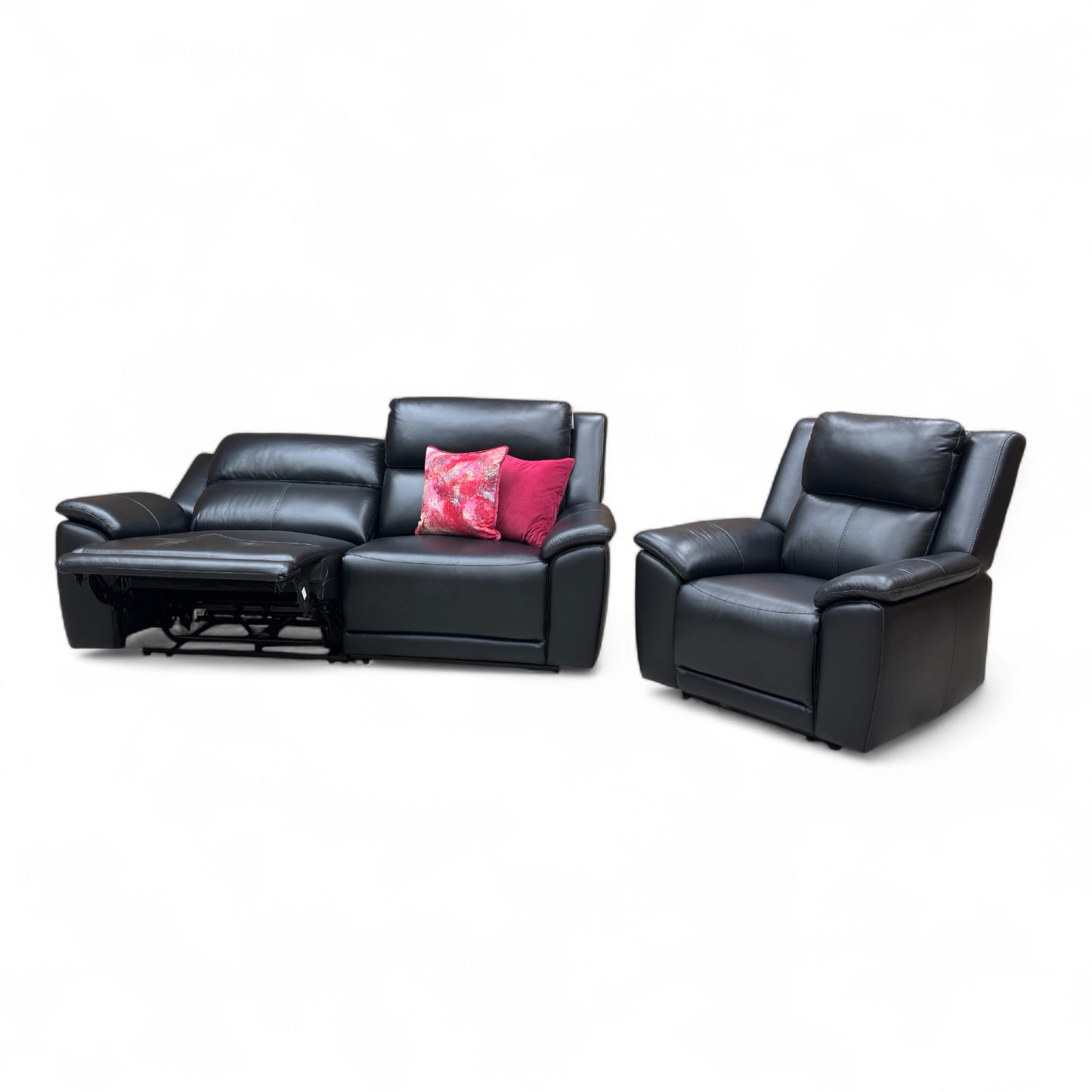 ‘Utah’ Natural Black Mica La4820 Leather 3 Seater Power Recliner Sofa with Power Headrests, Power Lumbar and Heated Seats + Power Recliner Armchair