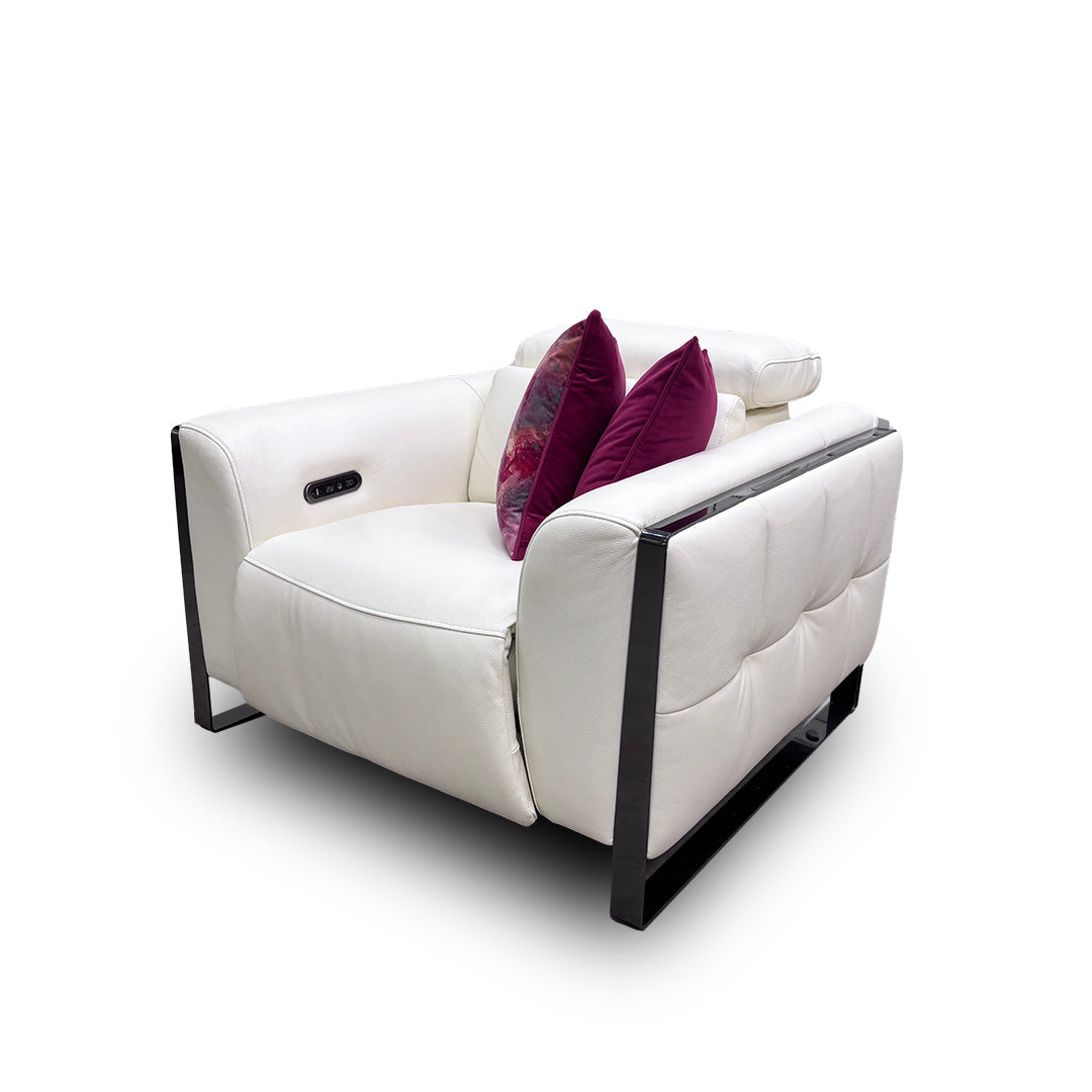 ‘Gisella’ Cotton White Leather Power Recliner Chair with Power Headrest