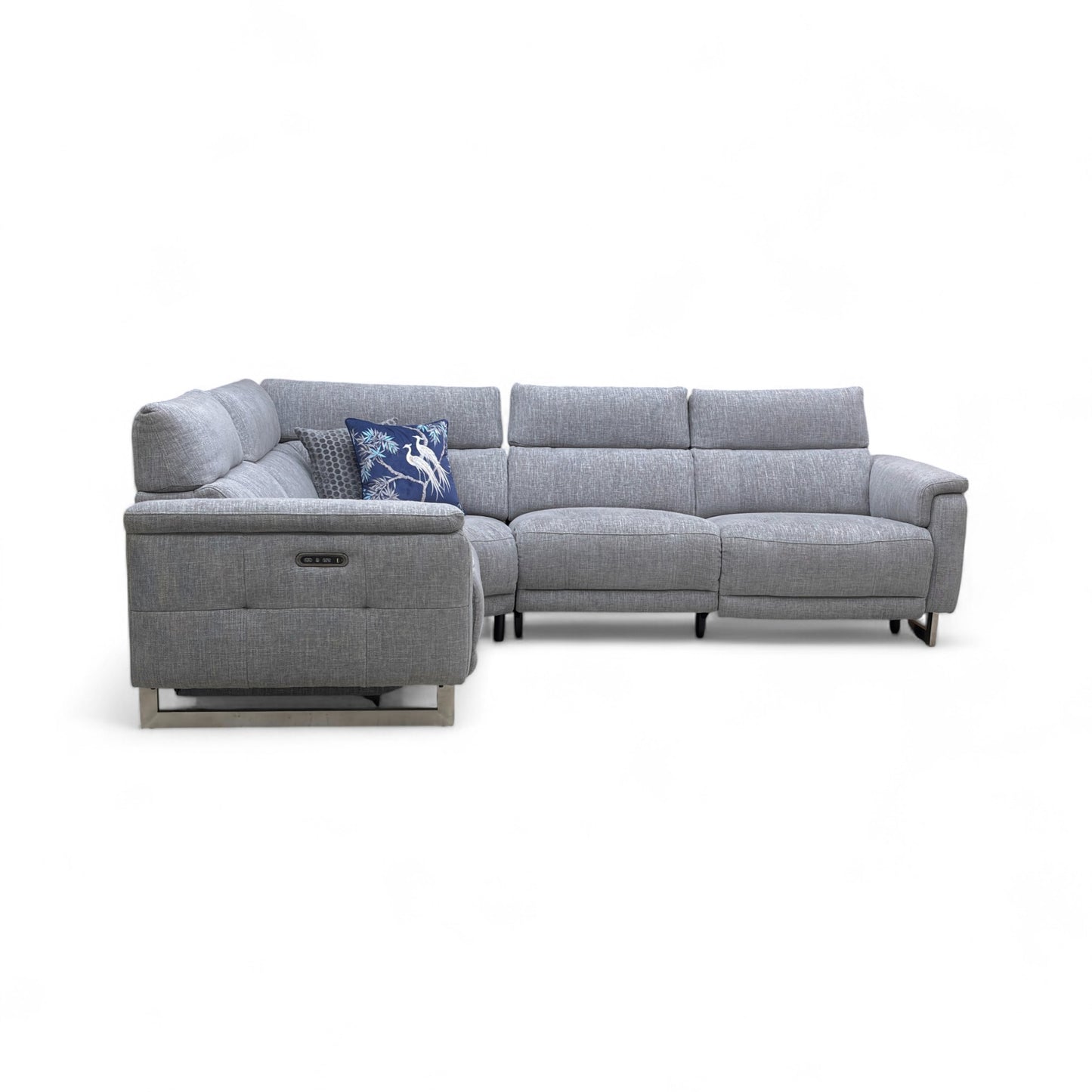 ‘Moet' 12445 Anivia Grey Fabric Double Power Recliner Left Hand Facing Corner Sofa with Telescopic Headrests