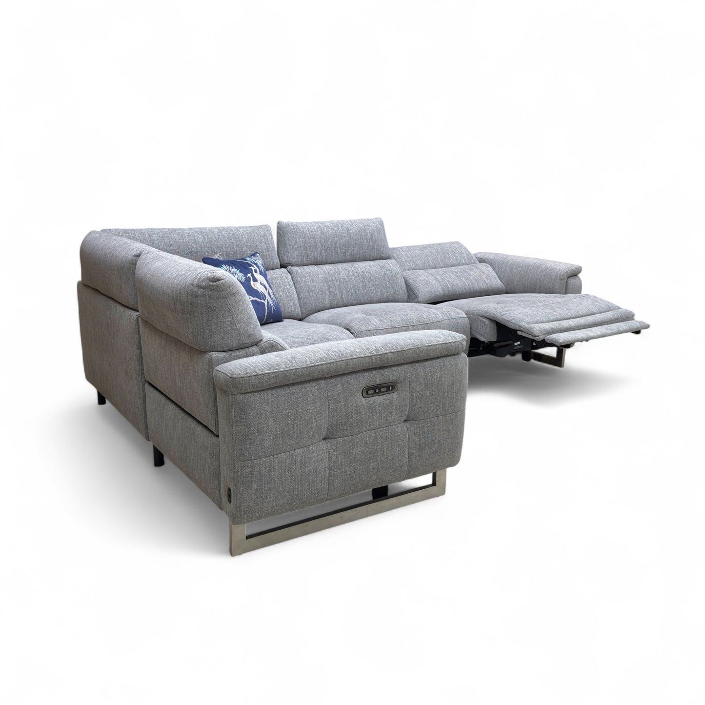 ‘Moet' 12445 Anivia Grey Fabric Double Power Recliner Left Hand Facing Corner Sofa with Telescopic Headrests
