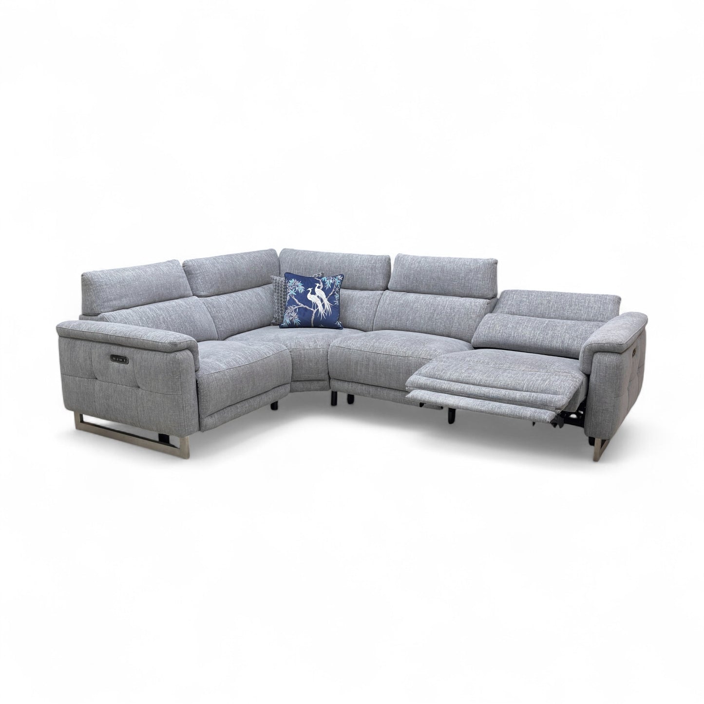 ‘Moet' 12445 Anivia Grey Fabric Double Power Recliner Left Hand Facing Corner Sofa with Telescopic Headrests
