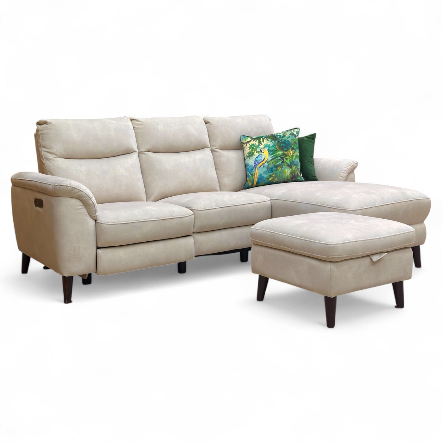 ‘Morgan’ Dexter Ivory 43501 Velvet Right Hand Facing 3 Seater Power Recliner Sofa with Open Chaise End + Storage Footstool