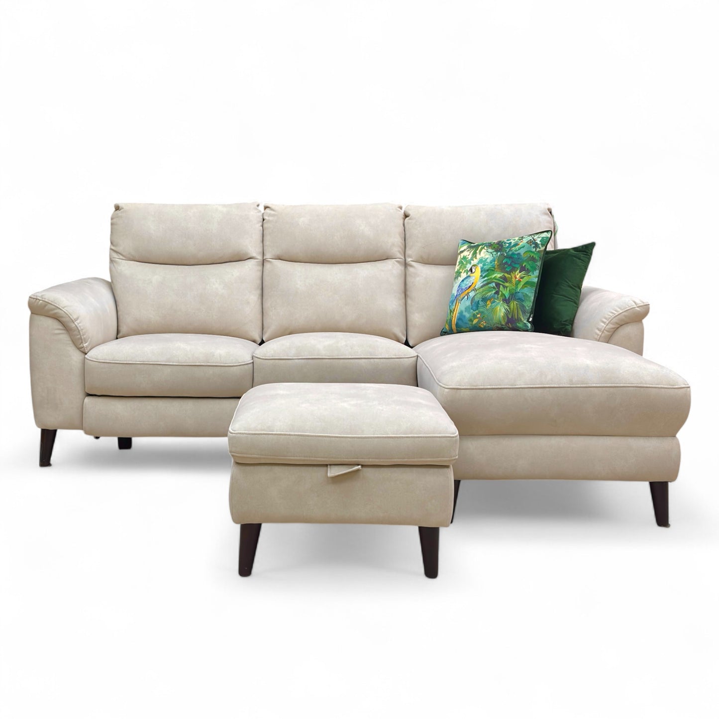 ‘Morgan’ Dexter Ivory 43501 Velvet Right Hand Facing 3 Seater Power Recliner Sofa with Open Chaise End + Storage Footstool