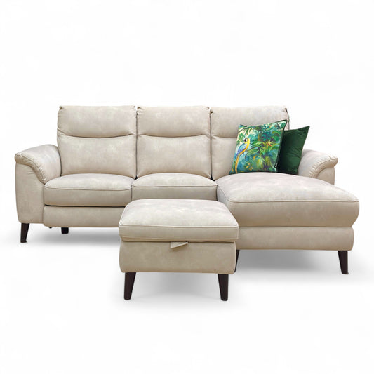 ‘Morgan’ Dexter Ivory 43501 Velvet Right Hand Facing 3 Seater Power Recliner Sofa with Open Chaise End + Storage Footstool