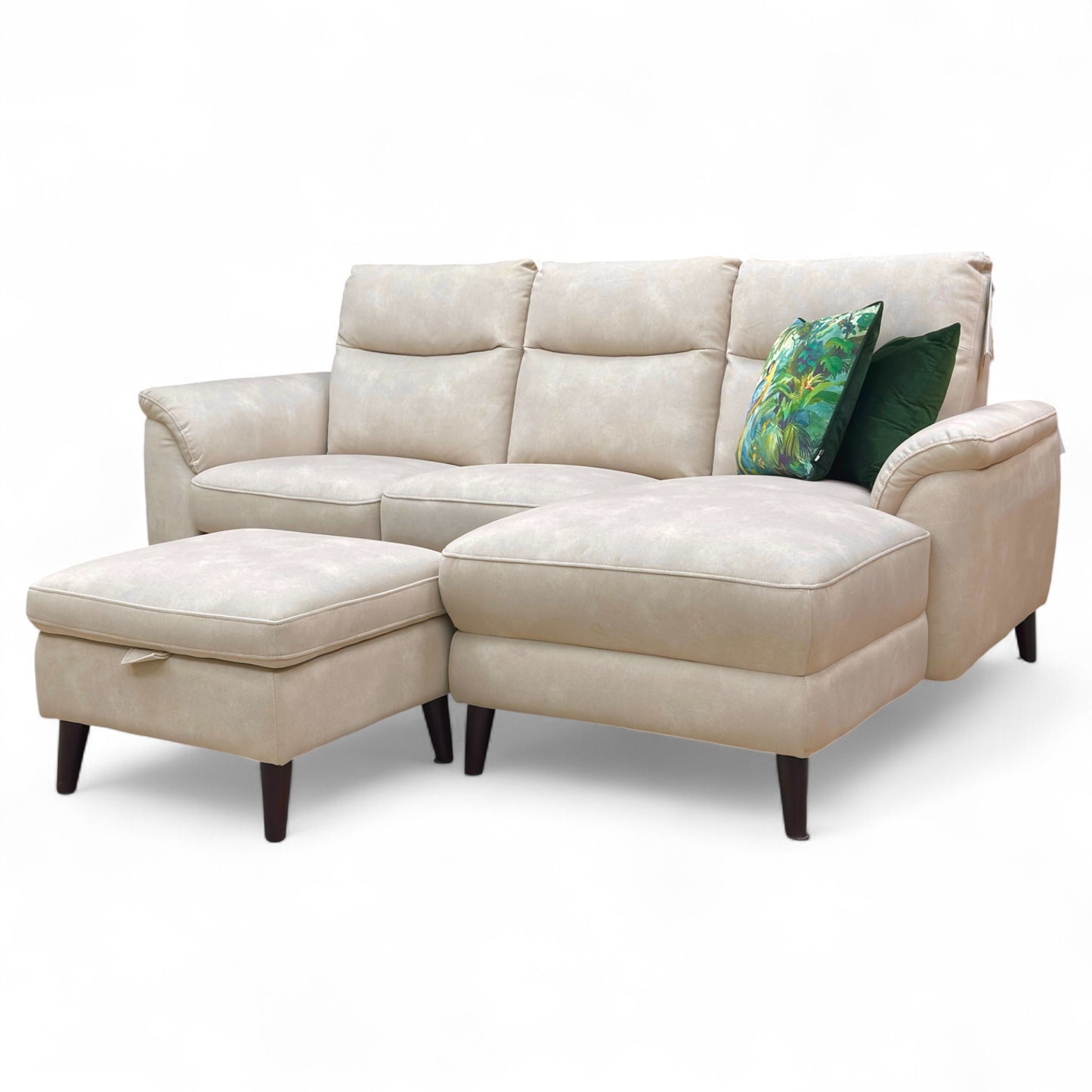 ‘Morgan’ Dexter Ivory 43501 Velvet Right Hand Facing 3 Seater Power Recliner Sofa with Open Chaise End + Storage Footstool