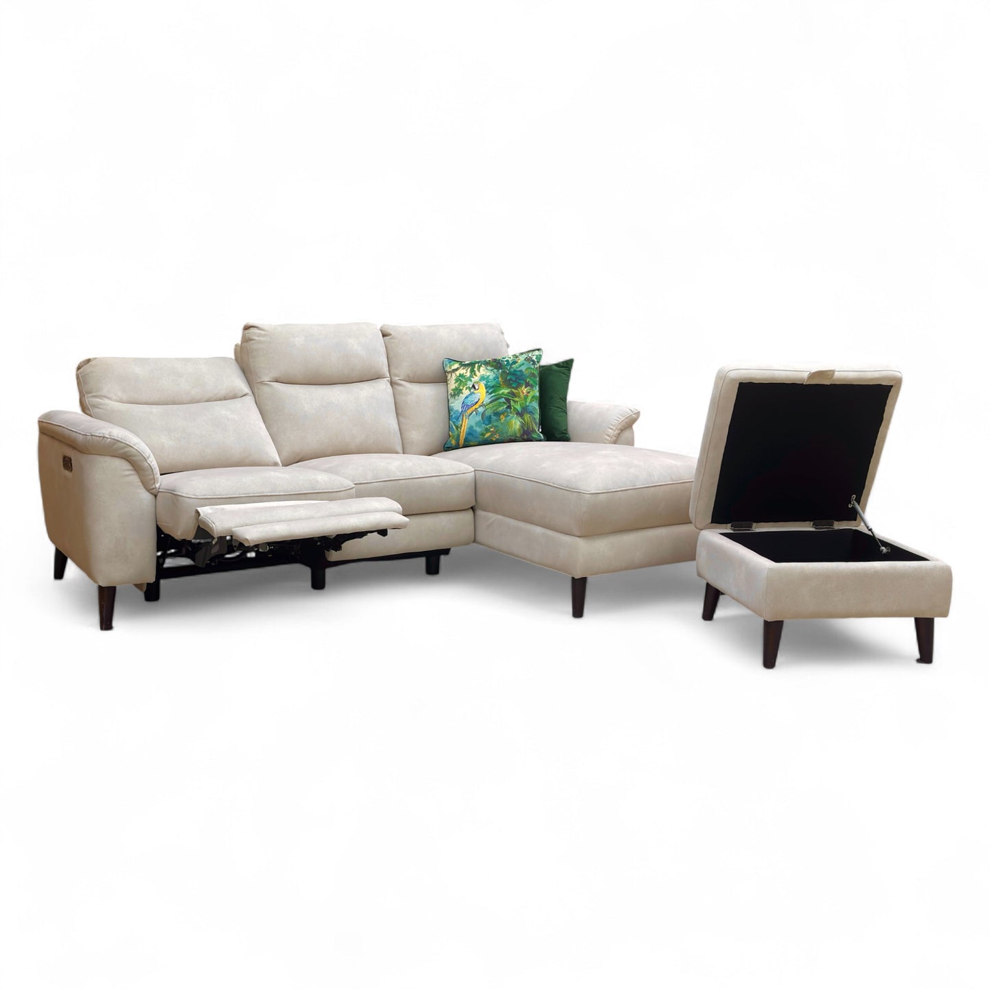 ‘Morgan’ Dexter Ivory 43501 Velvet Right Hand Facing 3 Seater Power Recliner Sofa with Open Chaise End + Storage Footstool
