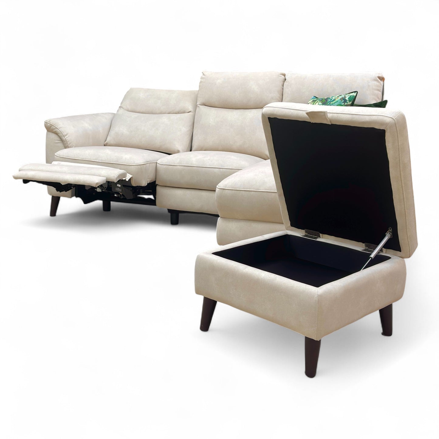 ‘Morgan’ Dexter Ivory 43501 Velvet Right Hand Facing 3 Seater Power Recliner Sofa with Open Chaise End + Storage Footstool