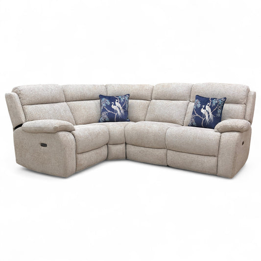 ‘Moreno’ Fab-Coe-R120 Light Khaki Grey Woven Fabric Small Left Hand Facing Power Recliner Corner Sofa