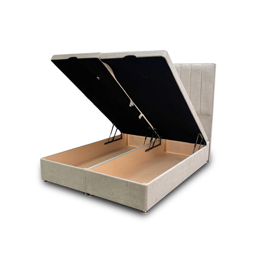 ‘Pluto’ Milan Stone Floor Standing Headboard + Double Ottoman End Lift Base - King