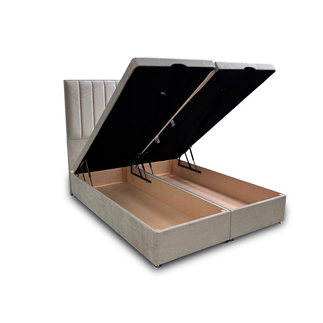 ‘Pluto’ Milan Stone Floor Standing Headboard + Double Ottoman End Lift Base - King