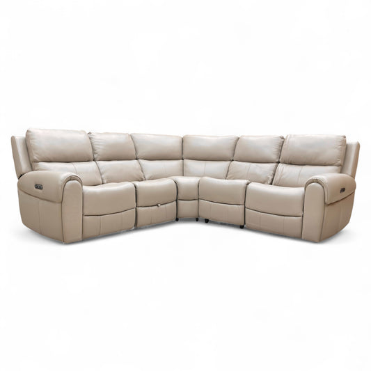 ‘Ezra’ Oyster Leather Power Recliner Modular 2 Corner 2 Sofa with Cup Holders and Storage