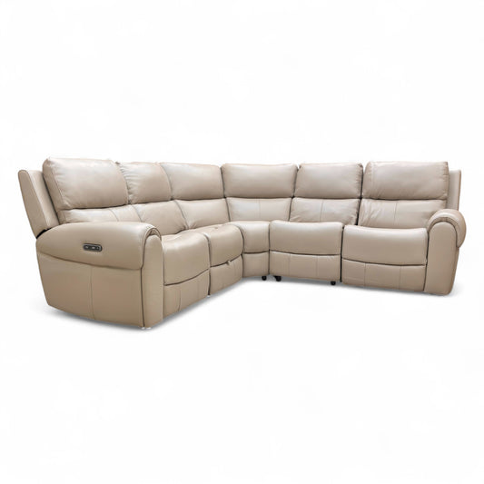 ‘Ezra’ Oyster Leather Power Recliner Modular 2 Corner 2 Sofa with Cup Holders and Storage
